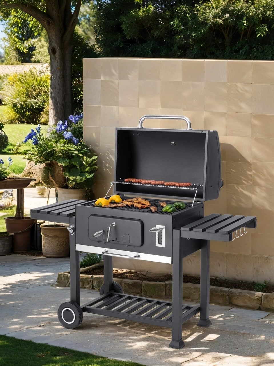 Tarrington House Holzkohlegrill Memphis XL, Ablagetische, Deckel mit Thermometer, fahrbar, Stahl, schwarz