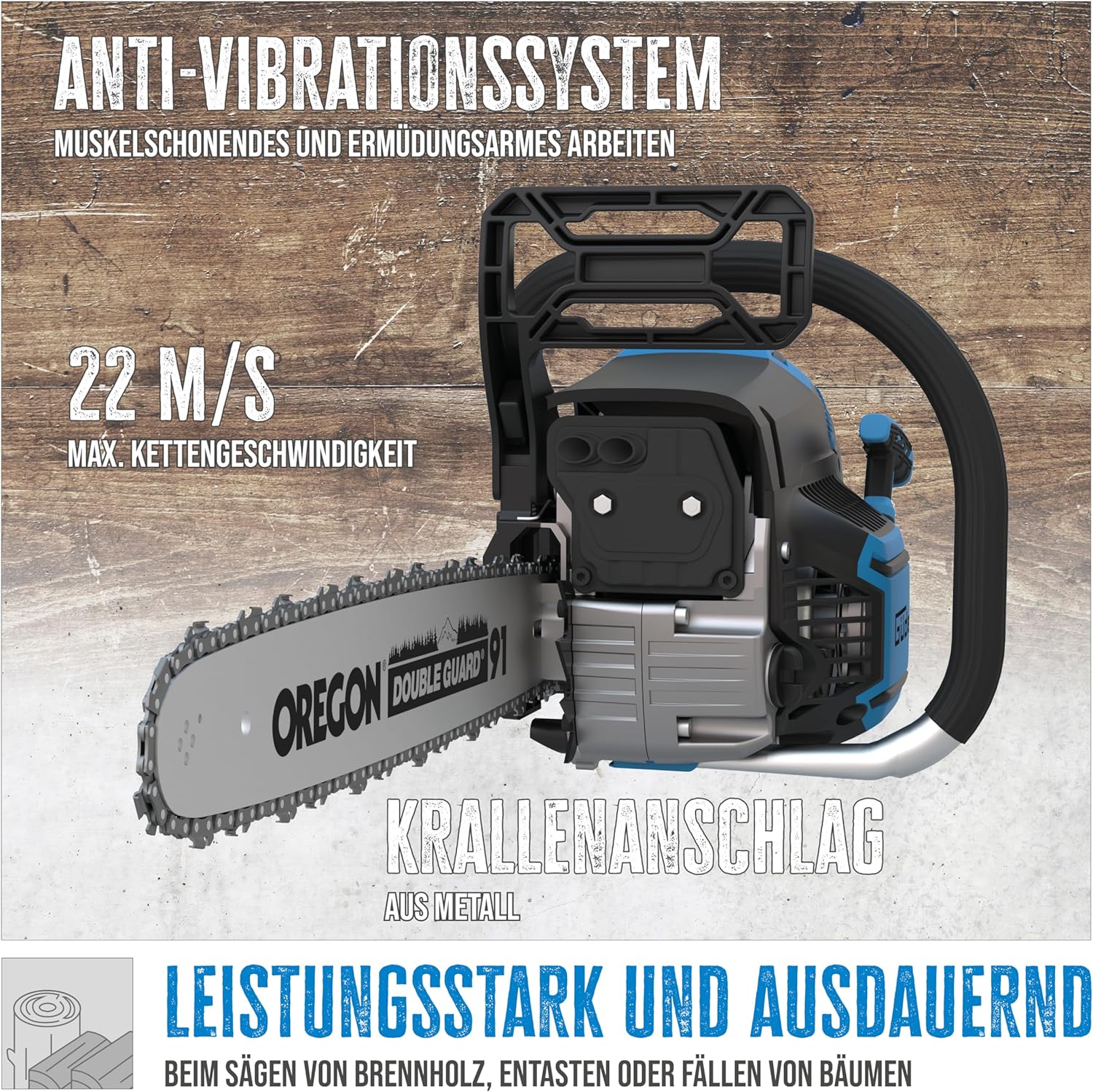 Güde Benzin-Kettensäge KS 450-55 (55 cm³ Hubraum, 42 cm Schnittlänge, 2,3 kW / 3,1 PS Motorleistung, GS-geprüft, 22 m/s max. Kettengeschwindigkeit, Leichtstartsystem, inkl. Oregon Schwert & Kette)
