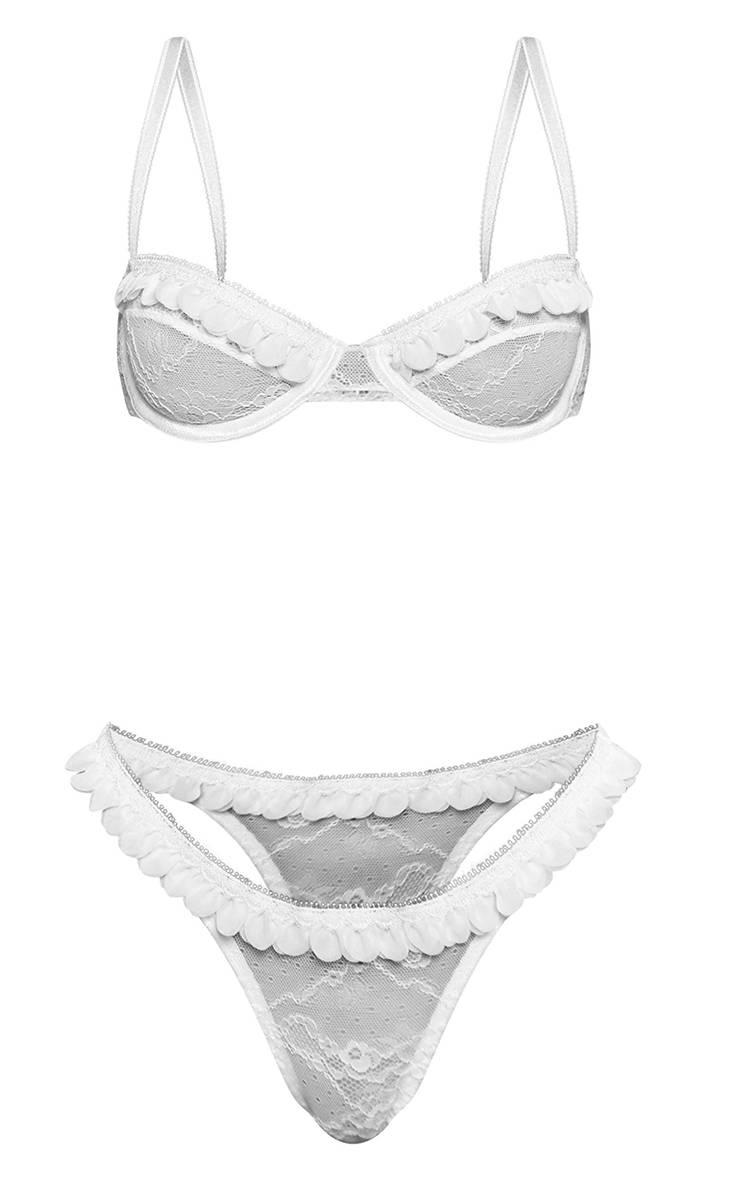 Blanc Ensemble Soutien-gorge En Dentelle Et Satin Avec Bordure Ornée De Détails