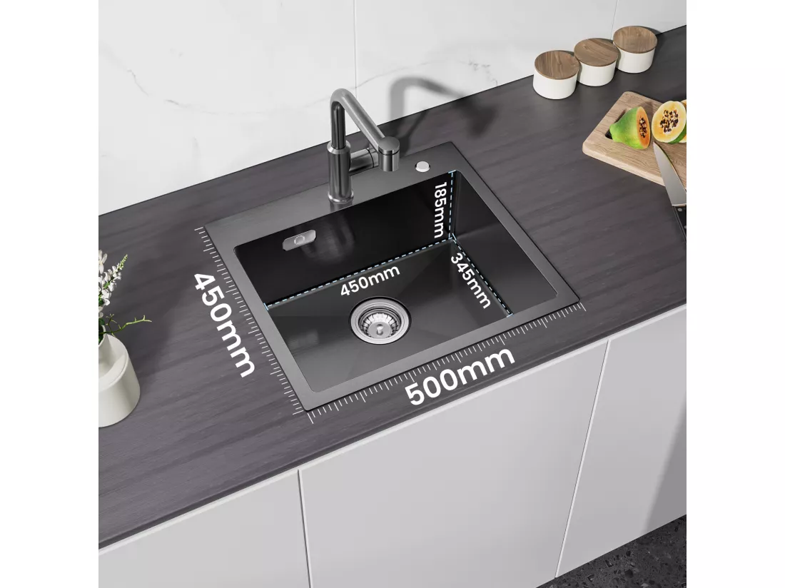 Cecipa MAX Évier Cuisine 1 Bac 50×45×18.5CM Évier Inox Noir + Mitigeur de Cuisine en Inox Noir étoilé avec Bec Haut et Incurvé