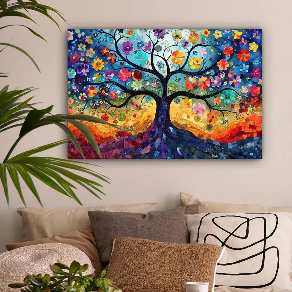 MuchoWow Canvas Schilderij 90x60cm Kunst Levensboom Bloemen