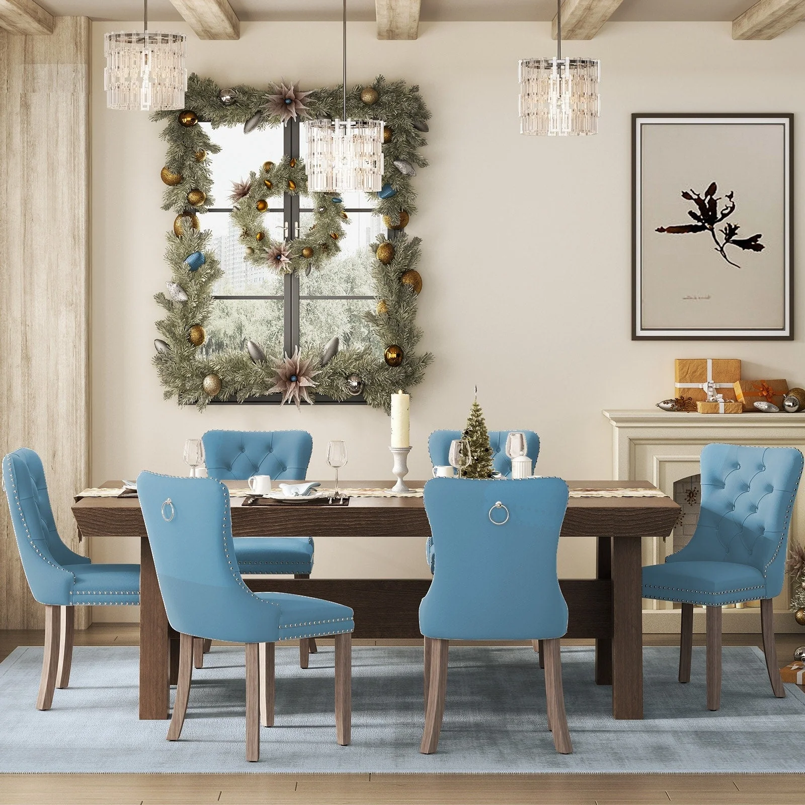 Upholstered Tufted Velvet Dining Chair with Solid Wood Legs Set of 6