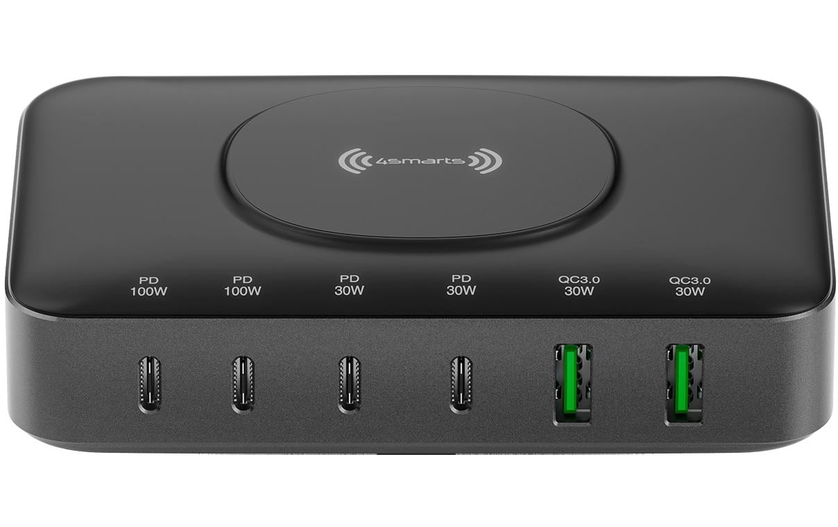 7in1 GaN Ladestation Schwarz7-Port Ladestation mit Schnellladefunktion und integrierter kabelloser Ladefläche