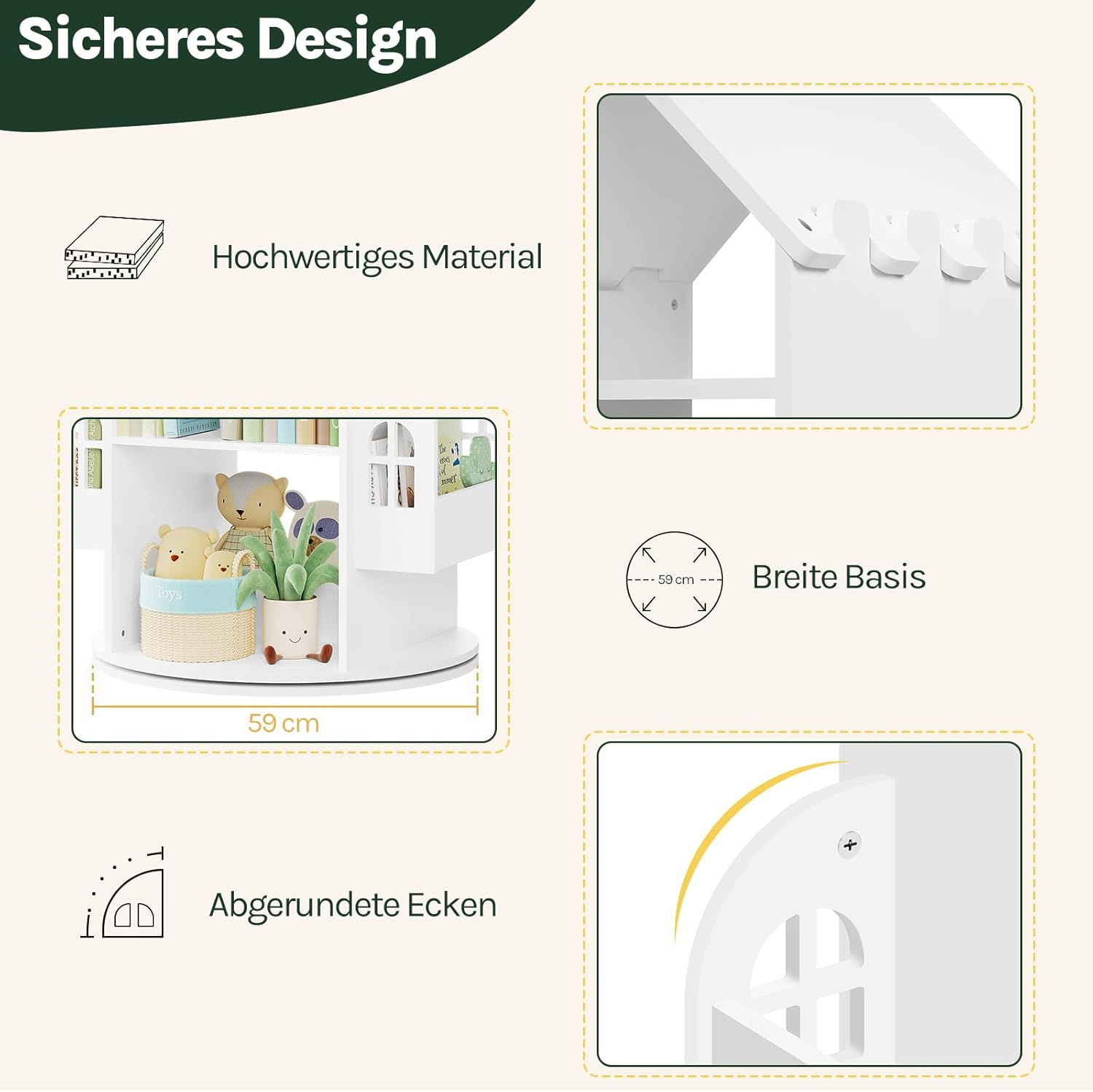 WOLTU Drehbares Bücherregal Kinder, Kinderregal Kinderbücherregal, Mit 4 Ebenen 2 Seitenregalen, Regal Hausform, 63x125x59 cm, Weiß
