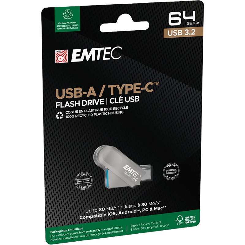 Emtec clé USB D280 Dual 64 Go Usb 3.2 (USB-A), Usb 3.2 (USB-C) Gris