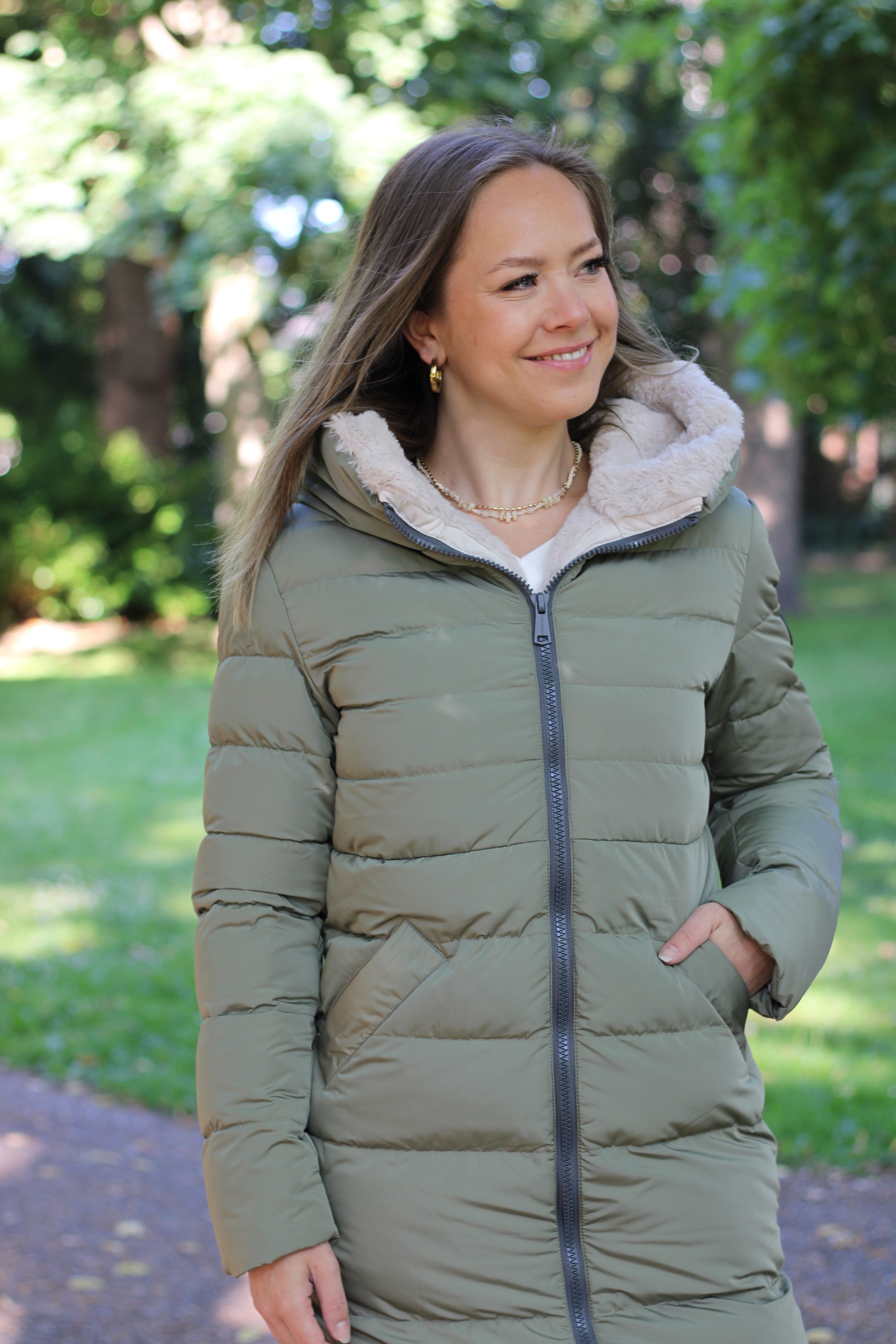 Rino & Pelle - Keila Fur Long Padded Hooded Coat - Green Ash/Stone