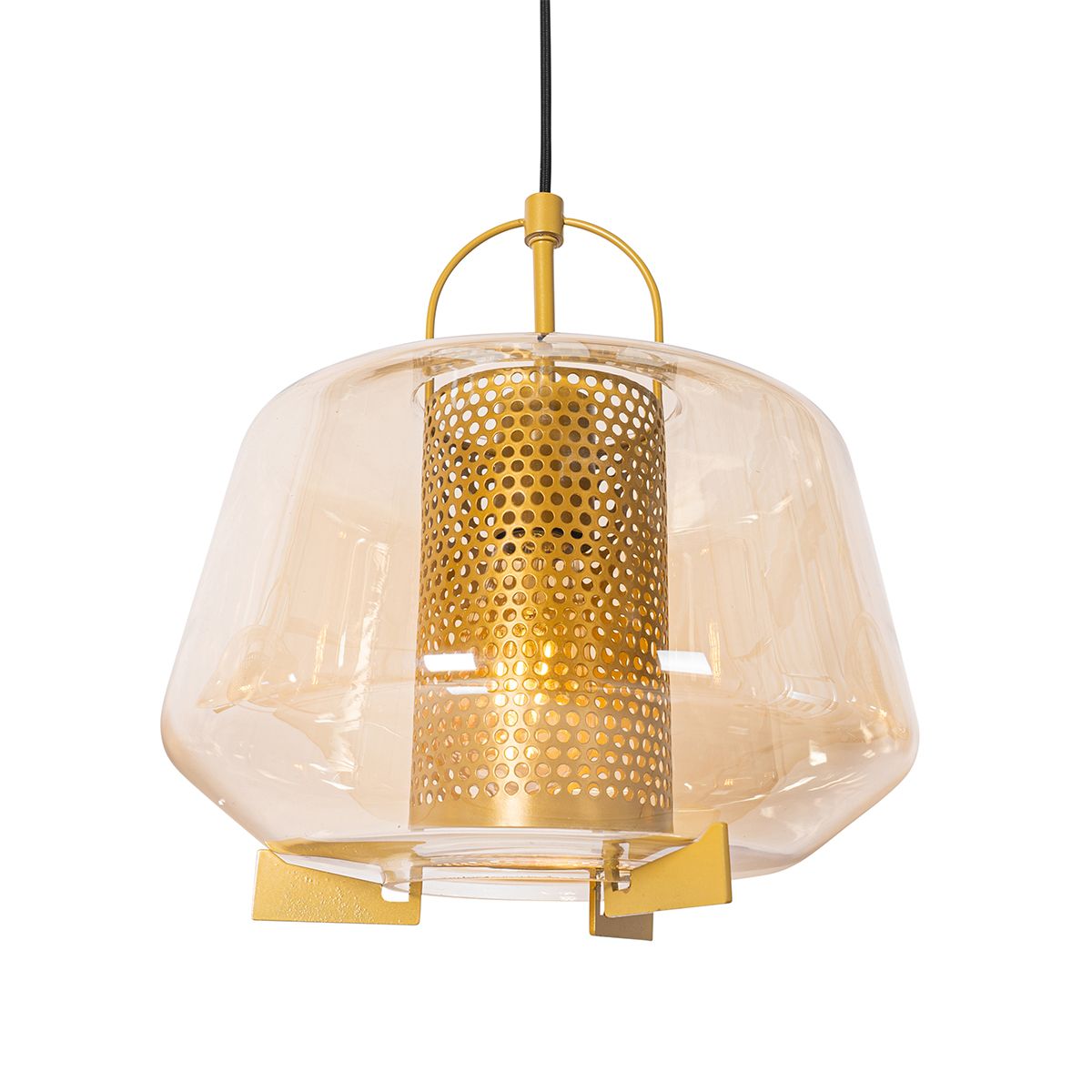 Hanglamp goud met amber glas 30 cm langwerpig 3-lichts - Kevin