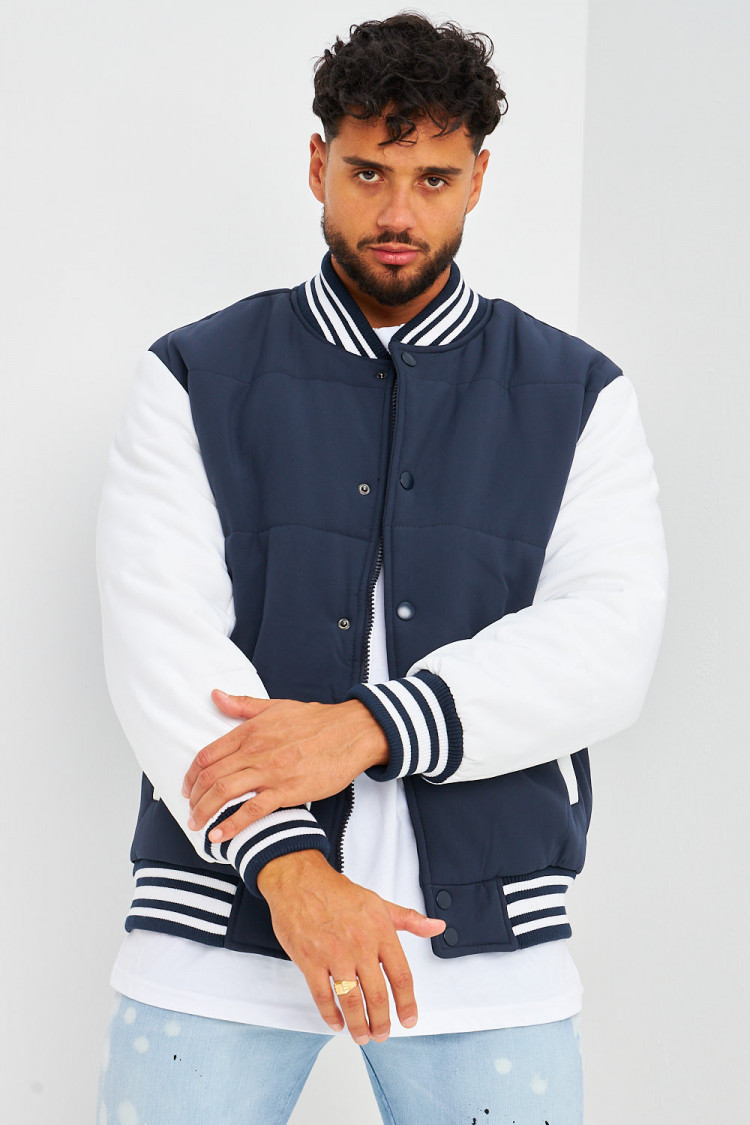 Bomber épais bleu marine à manches longues blanches