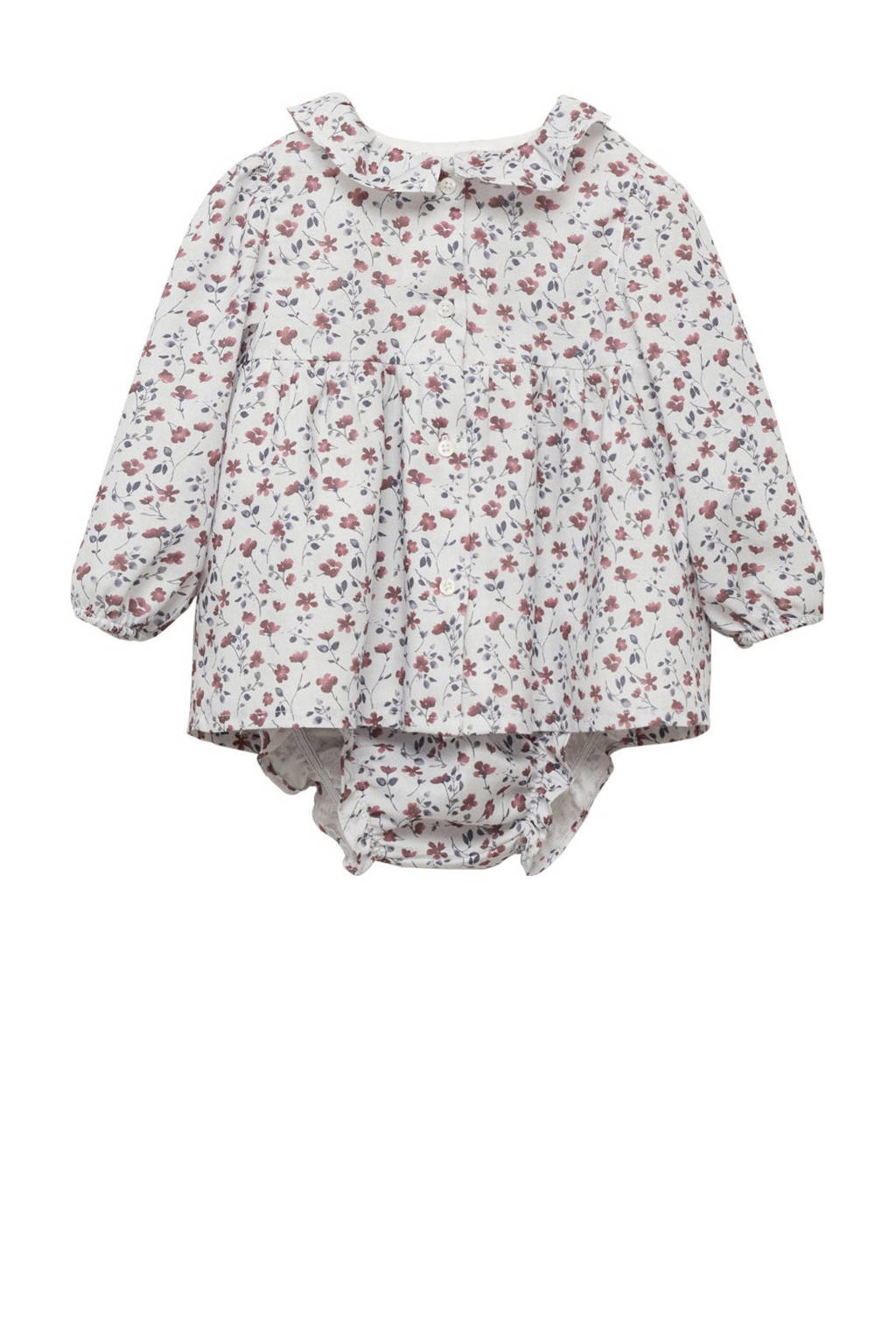 Mango Kids newborn baby jurk met bloomer ecru/lichtblauw/donkerroze