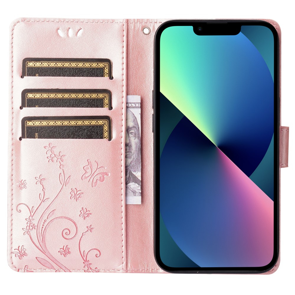 iPhone 13 Leder Tasche mit Kartenfach   Handschlaufe Butterfly Flowers - Rosa
