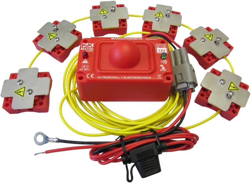 K&K M4700 - Das KOMPLETTE Marderabwehrgerät: Marderabwehr Ultraschall + Hochspannung wasserdicht, 6 verschiebbare Hochspannungsplatten, 360°-Ultraschall