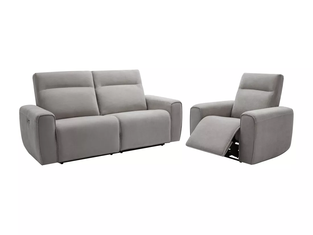 Canapé 3 places et fauteuil relax électrique en tissu gris LORGITA