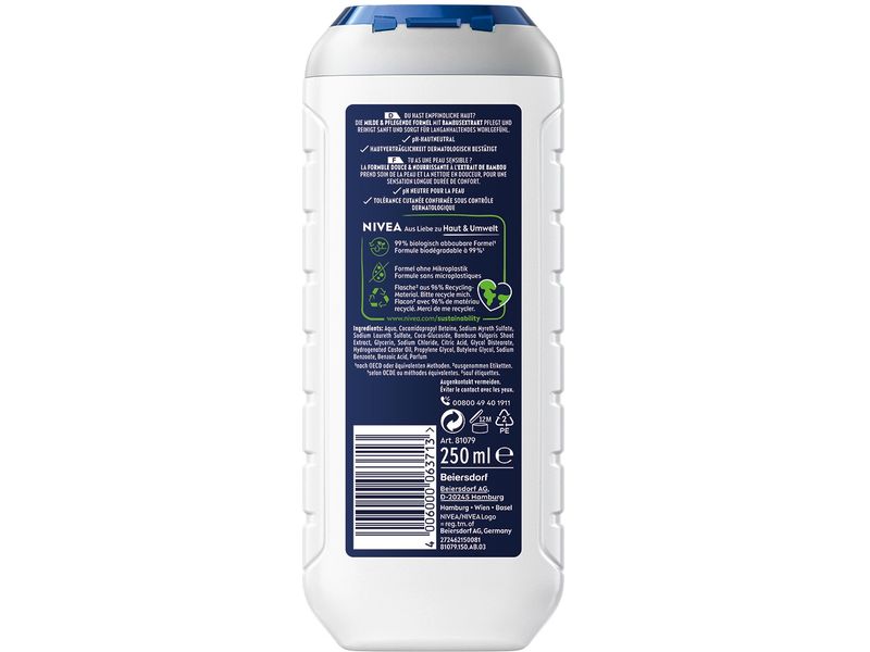 NIVEA MEN Duschgel Sensitive 250 ml Pflegedusche mit Bambusextrakt pflegt und reinigt sanft