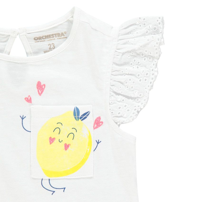 T-shirt à manches courtes volantées et poche imprimée - Blanc