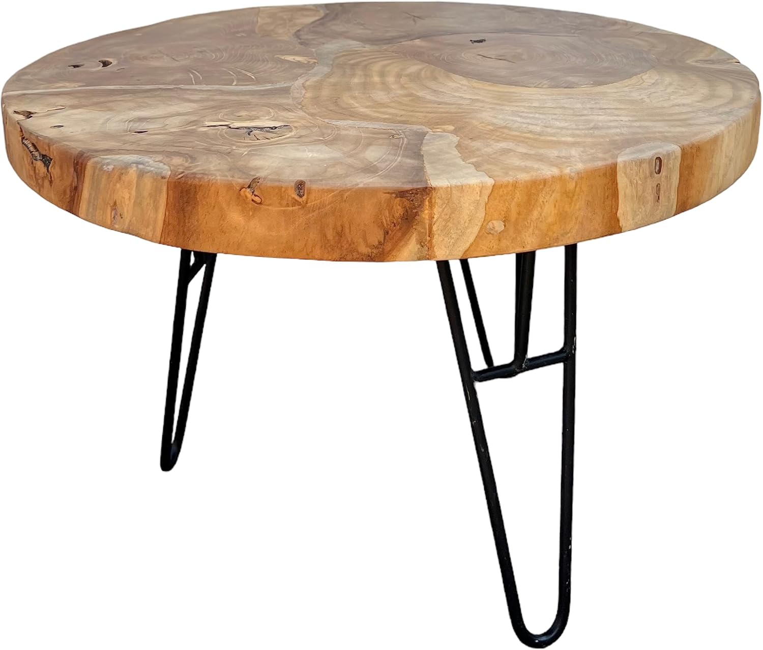 Holz Couchtisch – Beistelltisch Kaffeetisch – Mit DREI Metallbeinen – Rund aus Teakholz – 60x60x43 cm