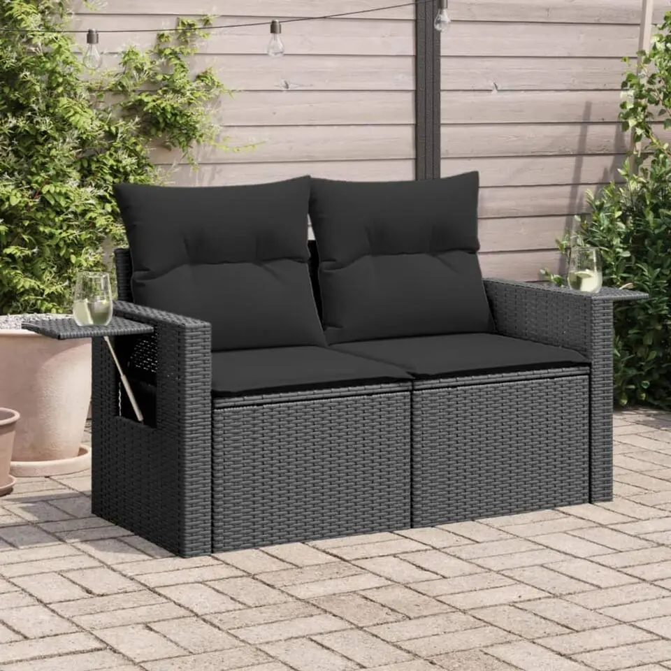 vidaXL - Tuinbank 2-zits - Zwart - Poly rattan - Met kussens