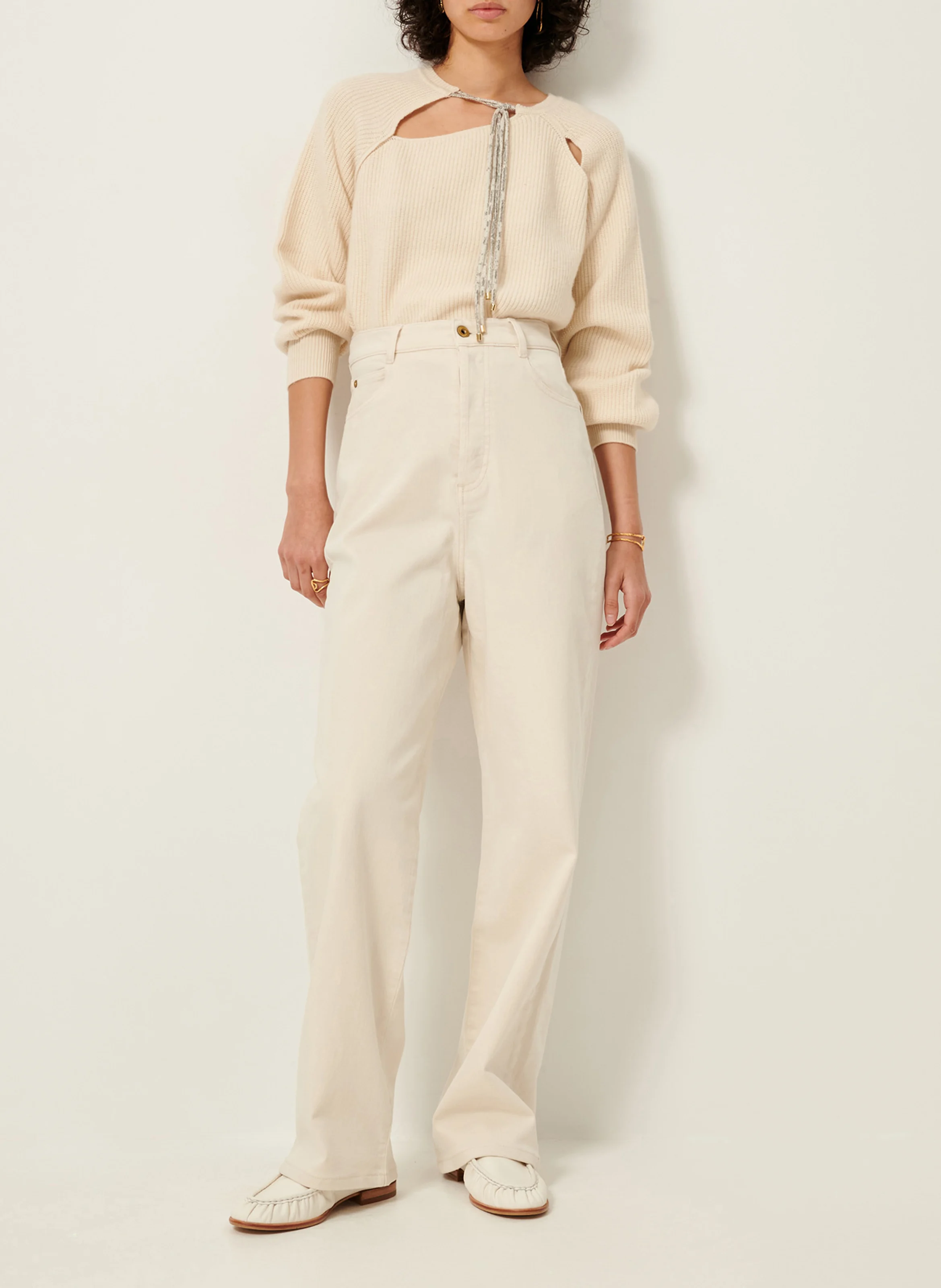 MARCIA - Pull col rond en laine et en coton mélangés | Beige