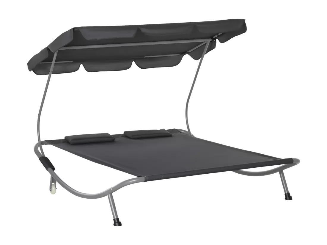 Bain de soleil 2 places lit de jardin design contemporain toit réglable 2 roulettes 2 oreillers acier époxy polyester gris