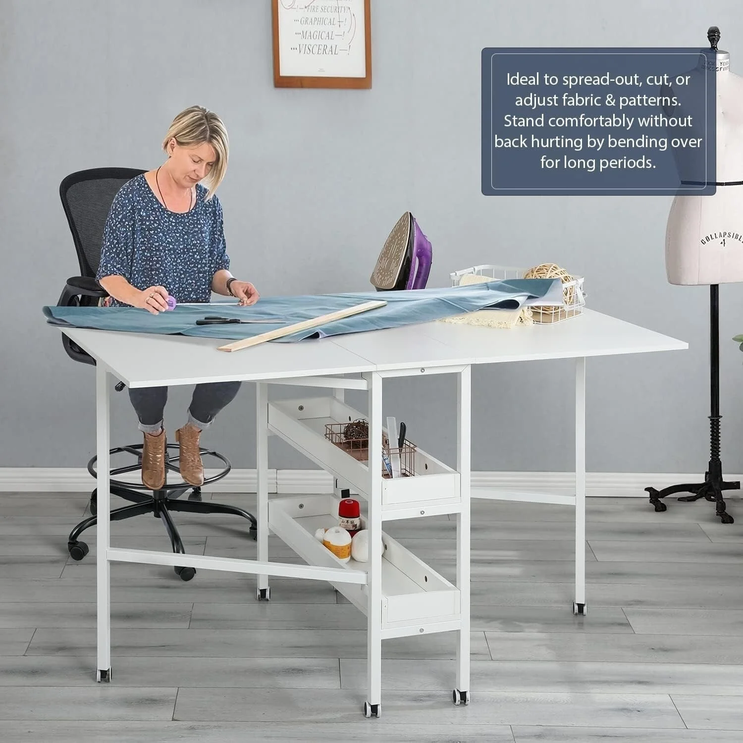 Height Adjustable Craft Table with Storage Shelves, Mobile Folding Cutting Table for Home Office Sewing Room Craft Room