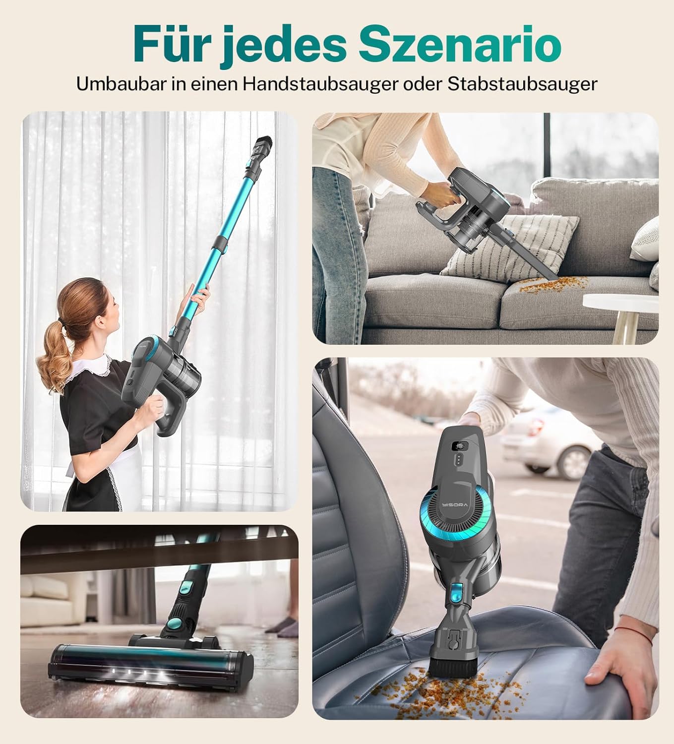 Akku Staubsauger, 28000Pa/175W/55Min Staubsauger Kabellos, Anti-Tangle-Bürste und Selbststehend, Ultraleichter Handstaubsauger akku vacuum cleaner Stielstaubsauger für Teppichen, Hartboden, Tierhaare