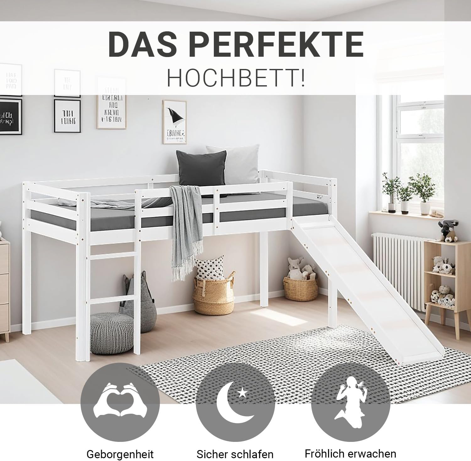 Homestyle4u Hochbett 90x200 mit Rutsche Treppe Weiß Kinderbett Etagenbett Bettgestell Kiefer Holz Massiv Stockbett Bunk Bed | Artikel 1434