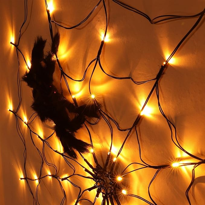 (Ø120cm) 70 LED's Halloween Deko Spinnennetz Lichterkette Dimmbare Spinnen Beleuchtung mit 8 Leucht Modi (Batteriebetrieben) - Warmweiss