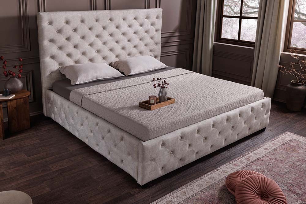 Design Boxbett PARIS 180x200cm champagner beige Samt mit Stauraum und Lattenrost