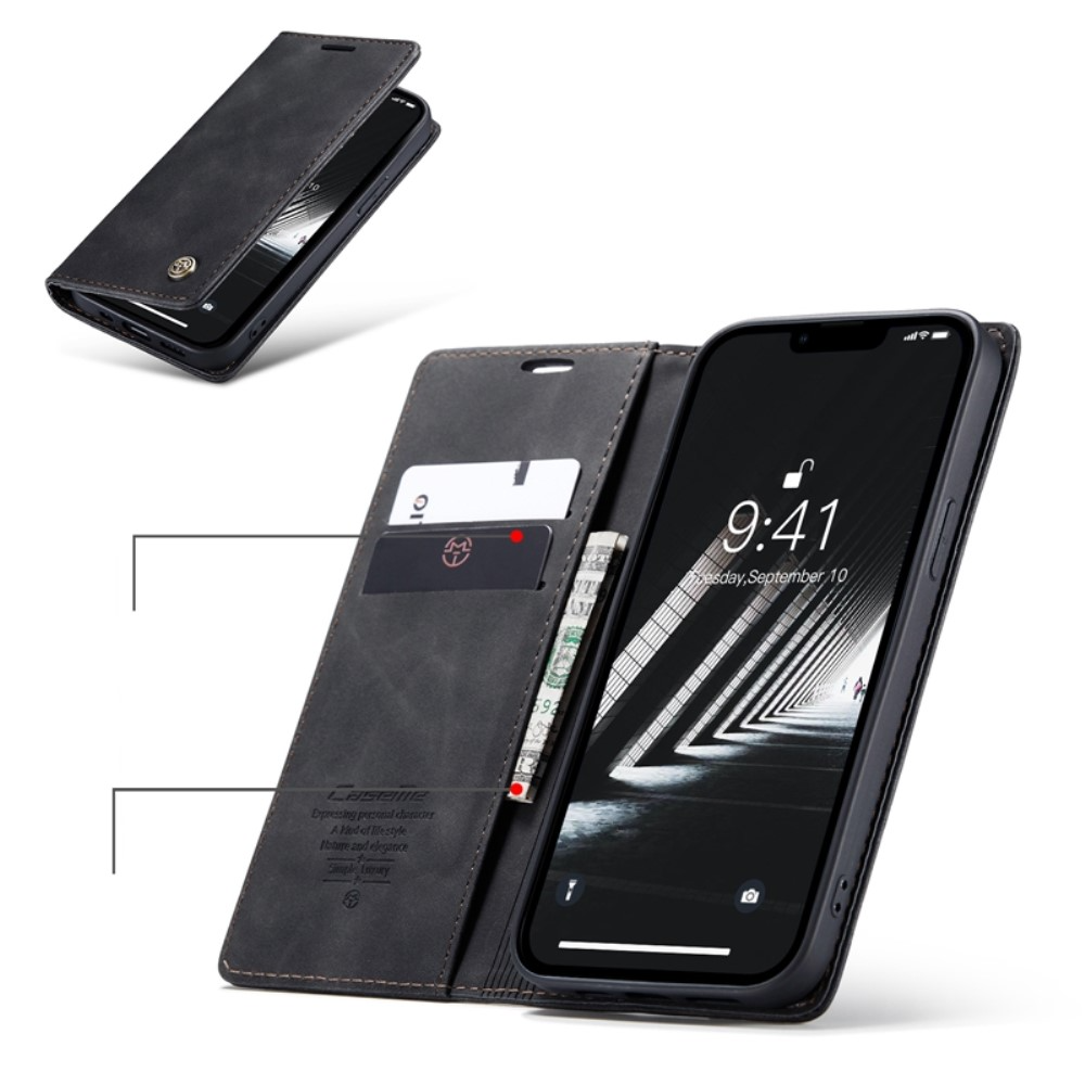 iPhone 14 Leder Tasche Flip Wallet Etui mit Kartenfächern - Schwarz