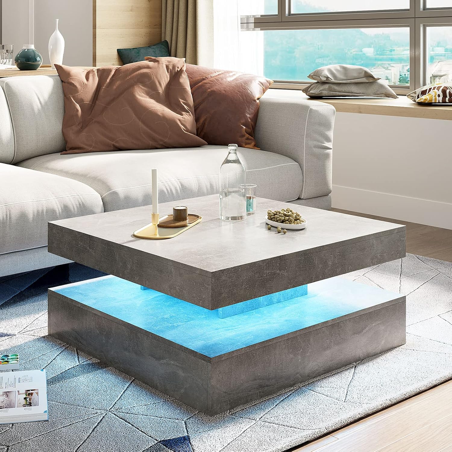 Couchtisch Wohnzimmertisch grau Matt, Sofatisch mit LED Beleuchtung modern für Wohnzimmer, 78 x 78 x 40 cm (Grau)