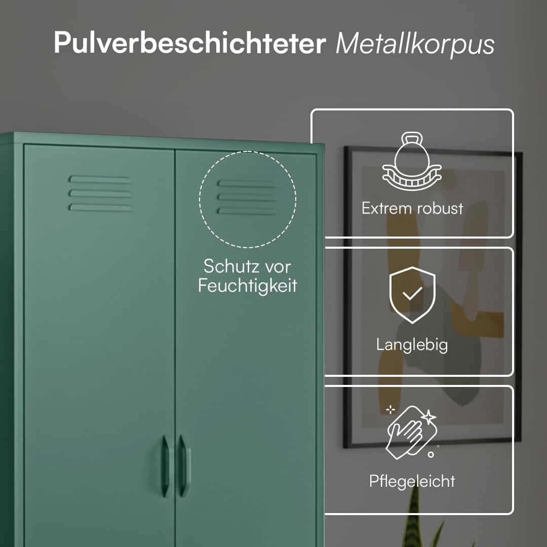 skølm Atria Kleiderschrank Metall – Metallschrank mit 6 Fächern & 2 Kleiderstangen – Garderobenschrank in Dunkelgrün – Metallkleiderschrank 80 cm breit – Schlafzimmerschrank – Industrial Schrank Flur