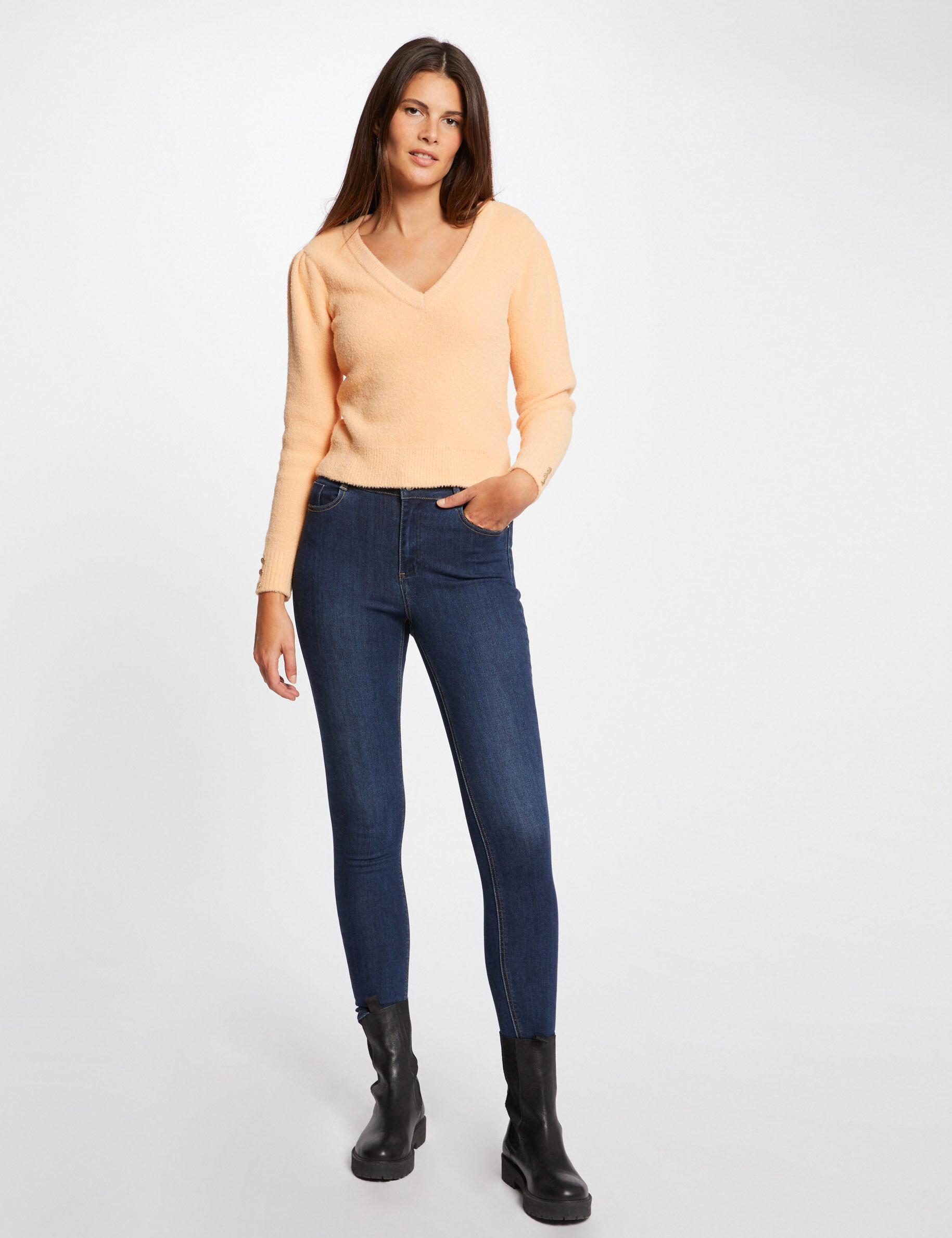 Pull manches longues avec col en V orange clair femme - orange_clair