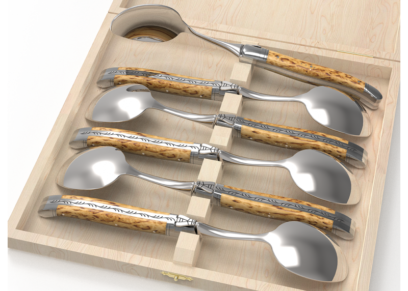 Service de 6 grandes cuillères Laguiole avec un manche en bois de bouleau et mitres en acier inoxydable