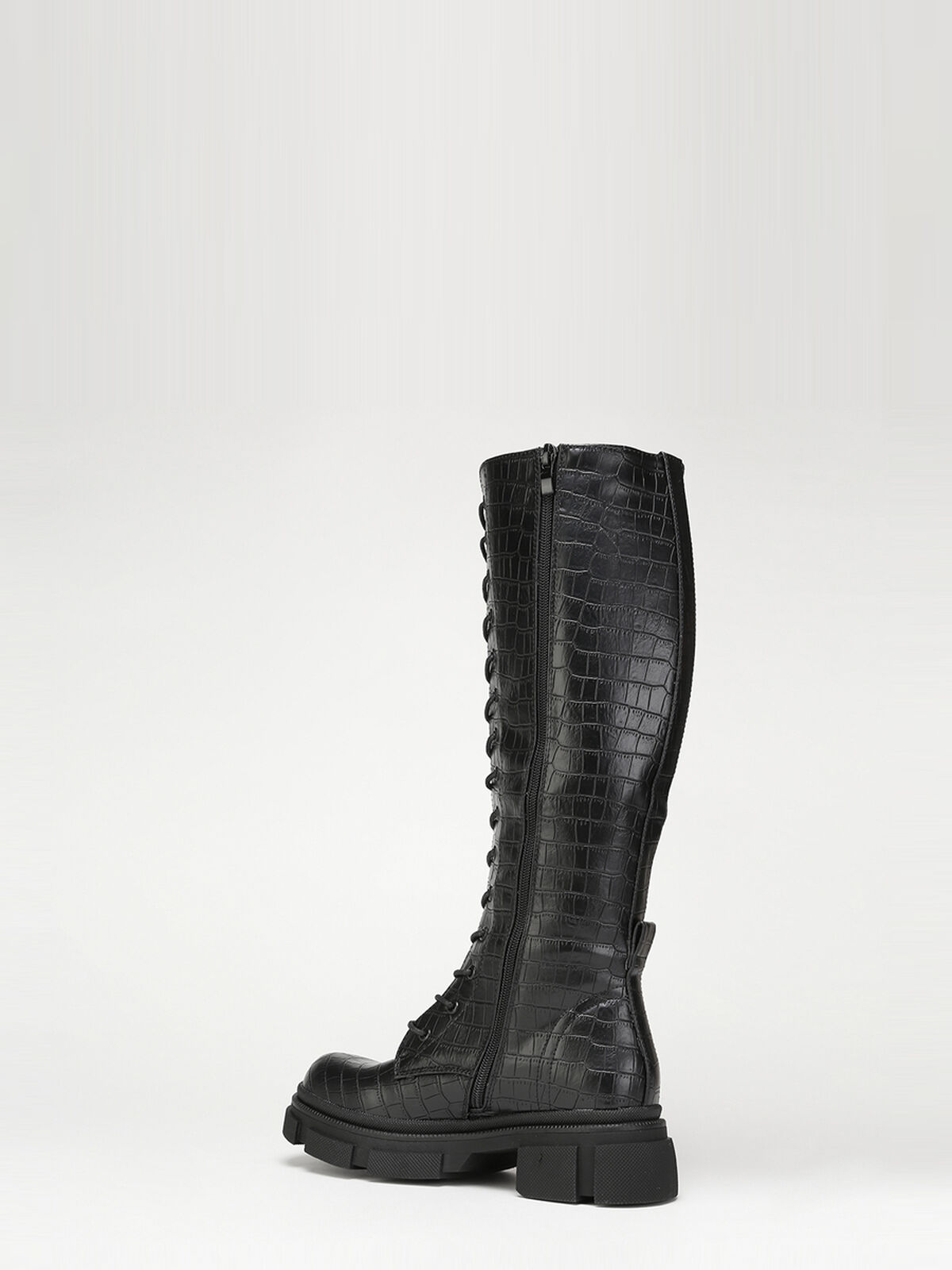 Bottes texturées à lacets et semelle crantée- Noir vernis