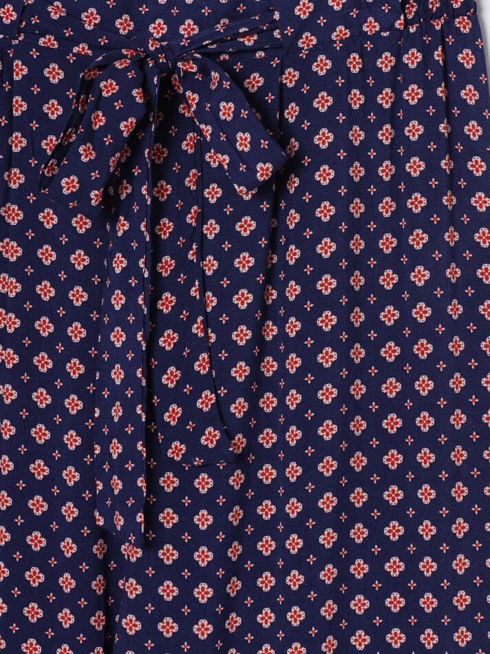 Calças fluidas com gravata estampada - Azul Marinho Escuro