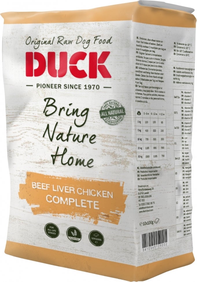 Duck diepvries hondenvoer Complete rund, lever en kip 1 kg 10 stuks