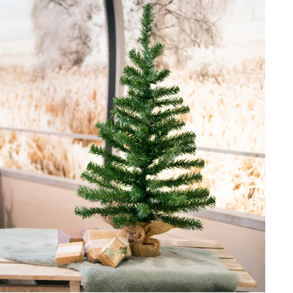 Bellatio Decorations Kunst kerstboom - groen - H90 cm - jute zak