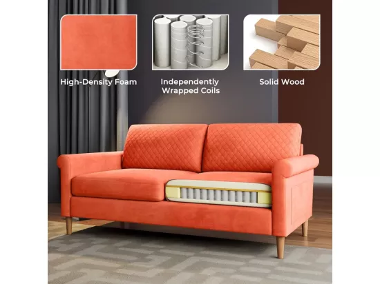 Canapé 2 places confort assise profonde en velours, pieds en bois, 164x76x85cm, Orange