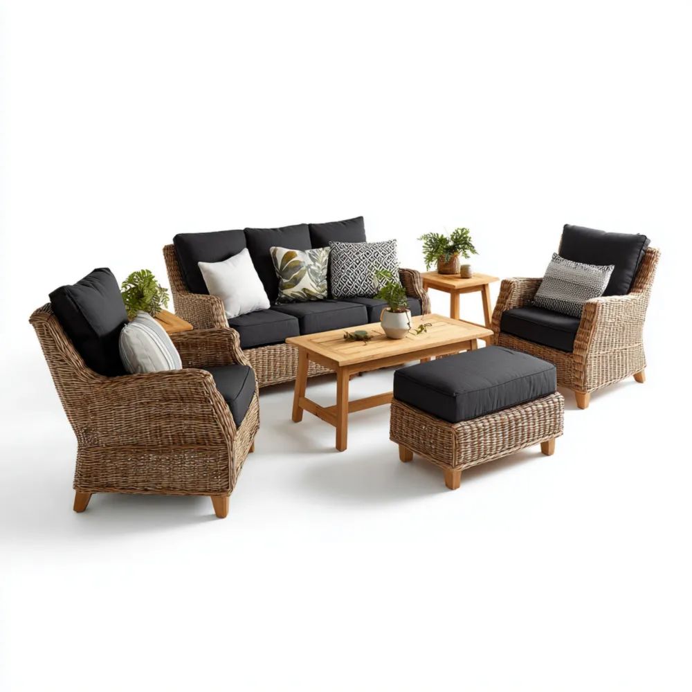 Garten-Sofaset Rattan 4-teilig 180x75x85 cm - Schwarz/Natur - Klassisches Design