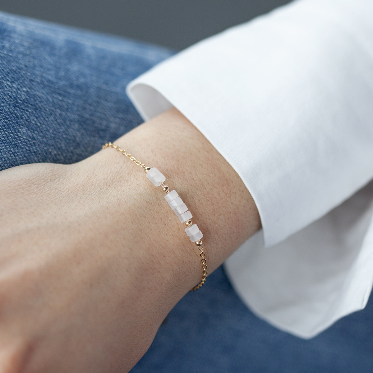 Bracelet plaqué or jaune quartz rose 16 à 18 cm
