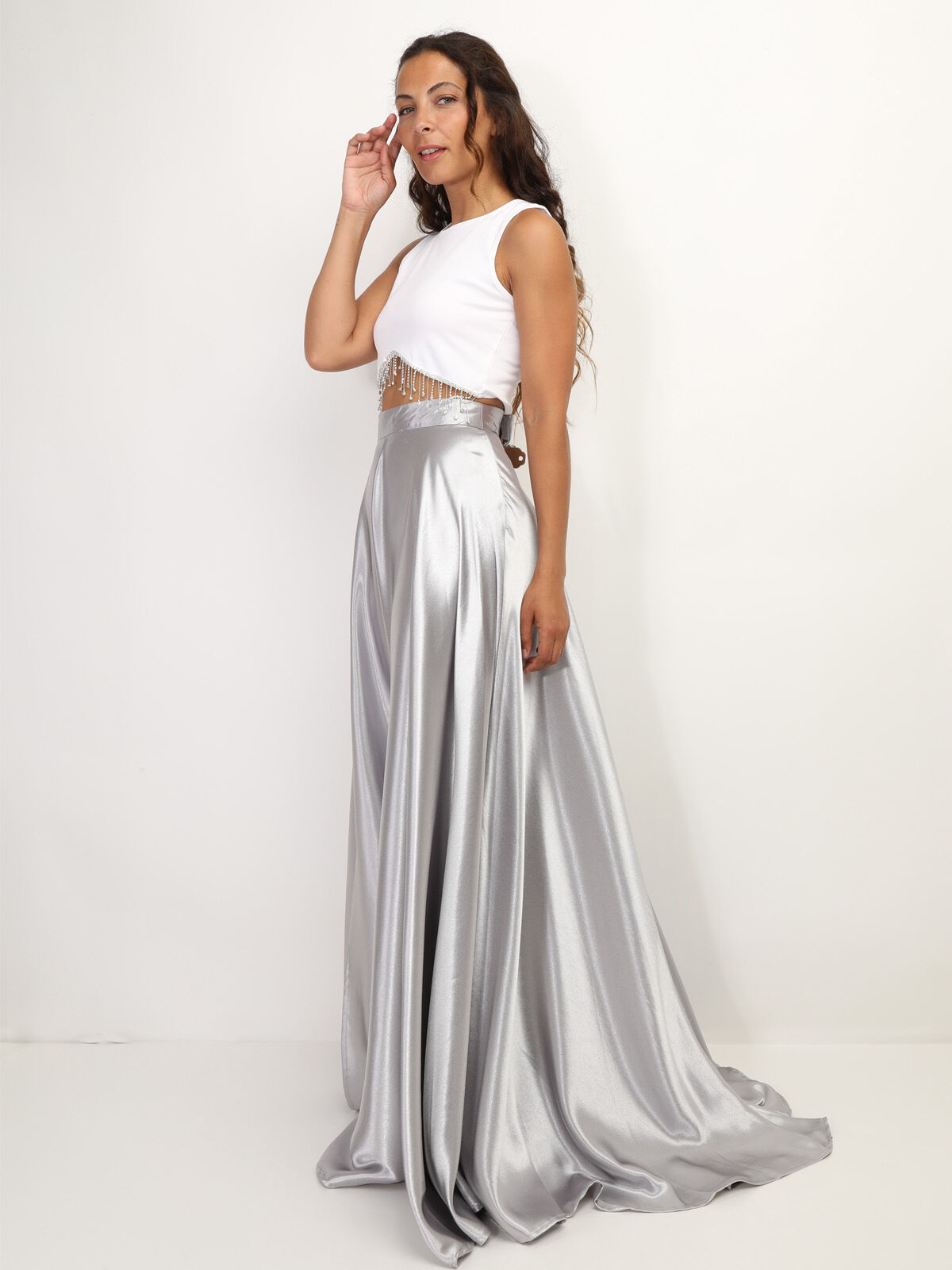 Jupe longue taille haute effet satiné- Gris
