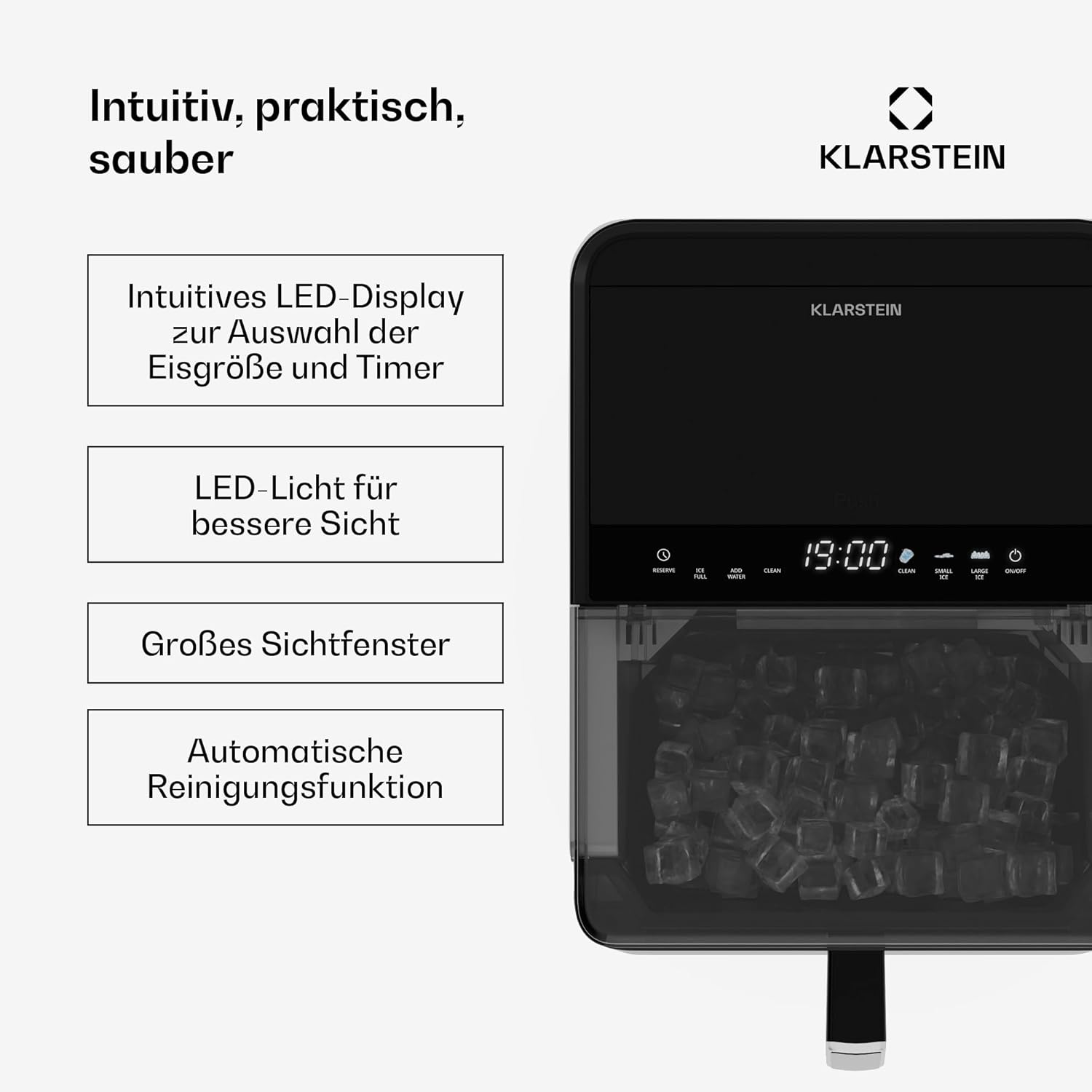Klarstein Eiswürfelmaschine - 23 kg/24 h, 32 Eiswürfel/Zyklus, Automatische Reinigung, 2 kg Wassertank, Edelstahl, Intuitive Steuerung, Ideal Für Partys & Heiße Tage, Schwarz