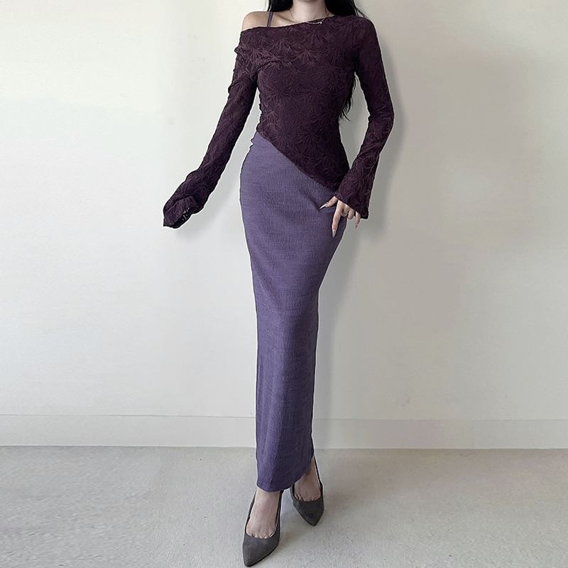 Smackthat - Set: Asymmetrische top met lange mouwen en effen kleur + Maxi A-lijn jurk met spaghettibandjes