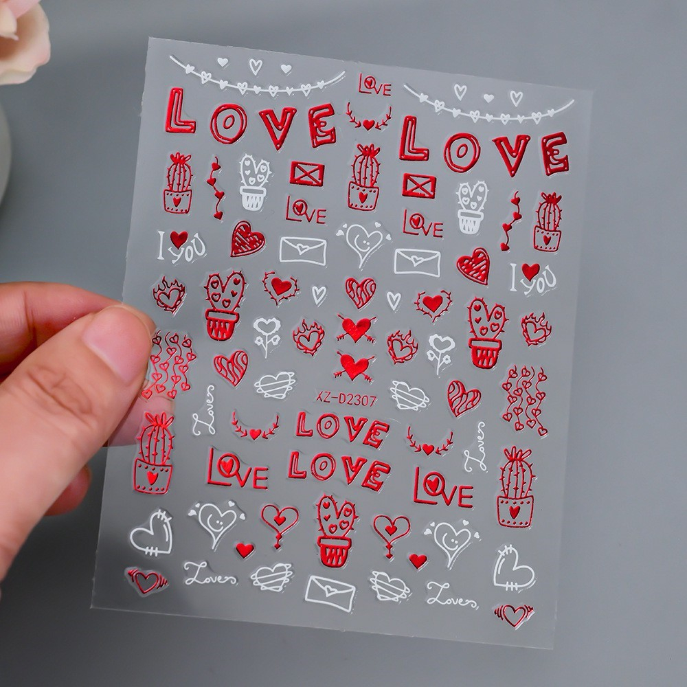 (808-tlg. Set) Nagel Sticker Nail Art Tattoo Selbstklebende Aufkleber Valentinstag - Rot / Weiss