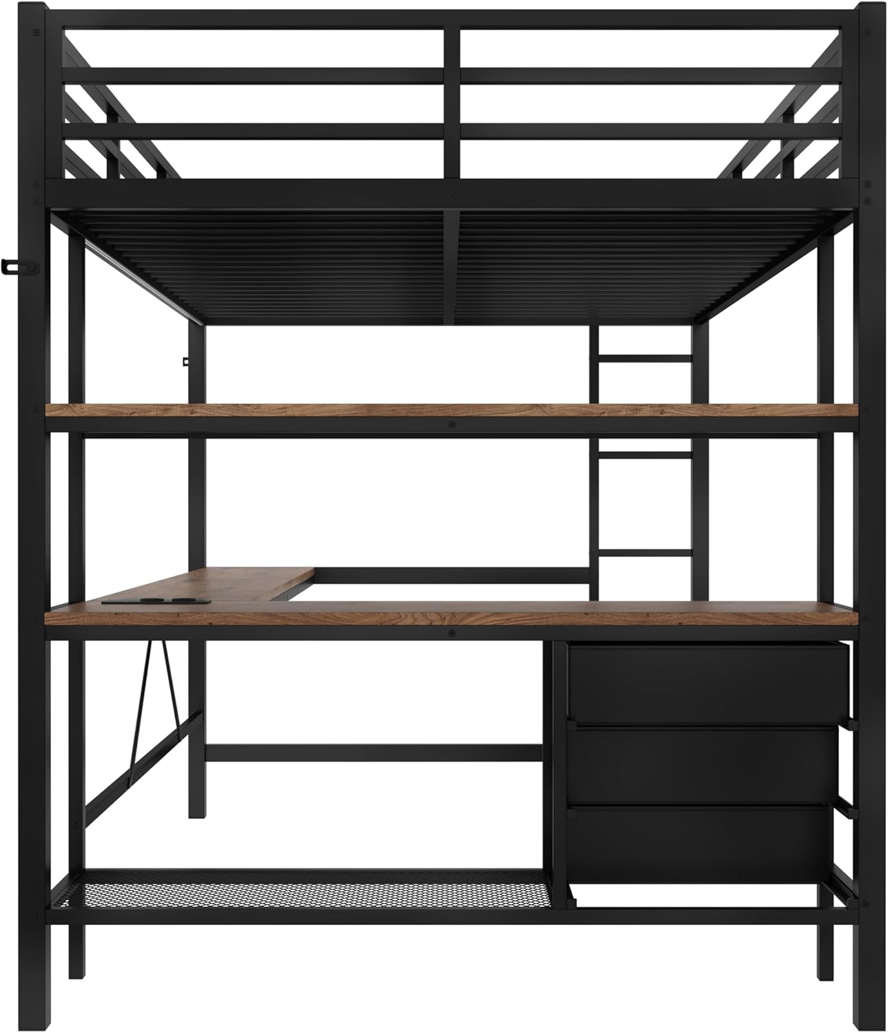 Hochbett 140x200 cm, Kinderbett mit Schreibtisch und LED, Jugendbett mit 3 Schubladen, Metallbett mit Steckdose+USB, Einzelbett für Kinder Jugendliche Schlafzimmer (Ohne Matratze) Schwarz