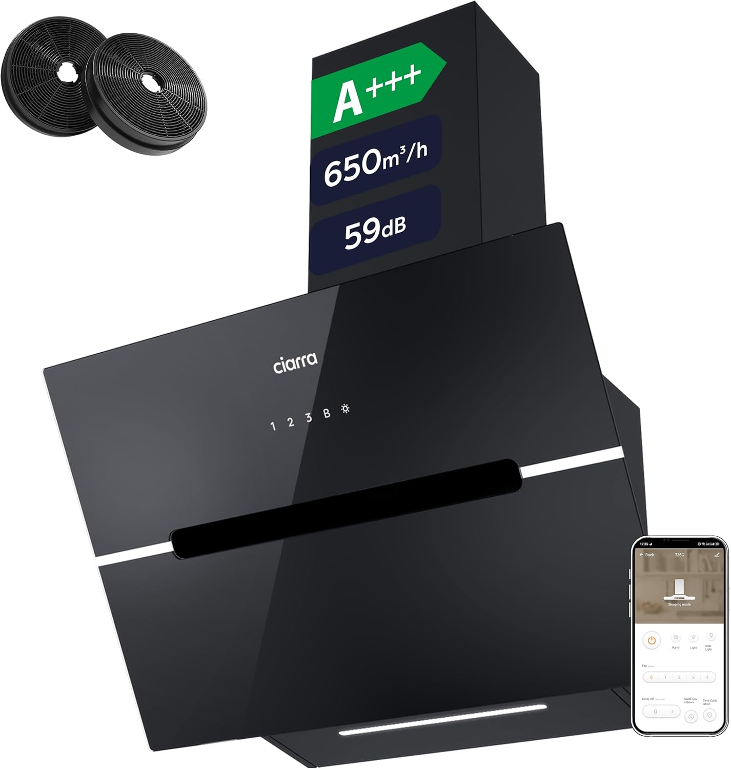 CIARRA CBCB6736F A+++ Dunstabzugshaube 60cm Umluft Kopffreie Schräghaube 650m³/h Wi-Fi App Touch-Bedienung Booster Abluft Dunstabzug LED-Beleuchtung mit CBCF003 Kohlefilter Schwarz
