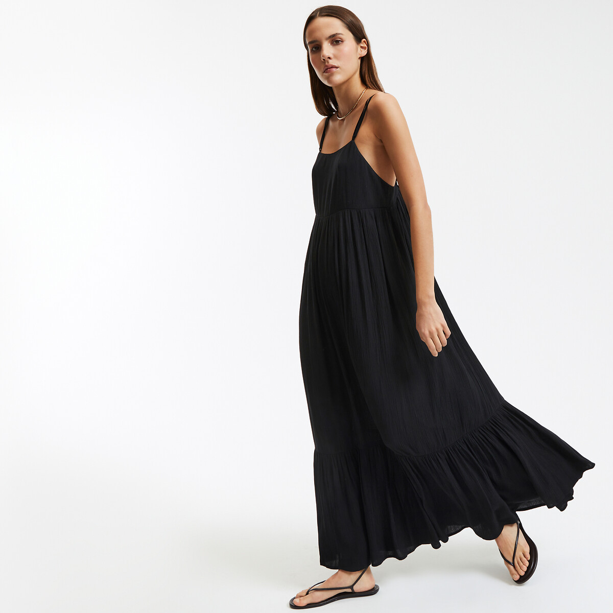 COLEÇÕES LA REDOUTE<br>Vestido longo e fluido com babados e alças finas