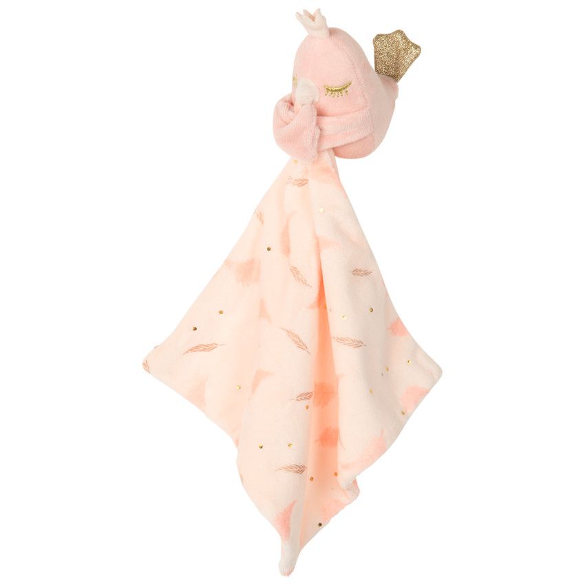 Doudou en velours à plumes et petit oiseau - Rose