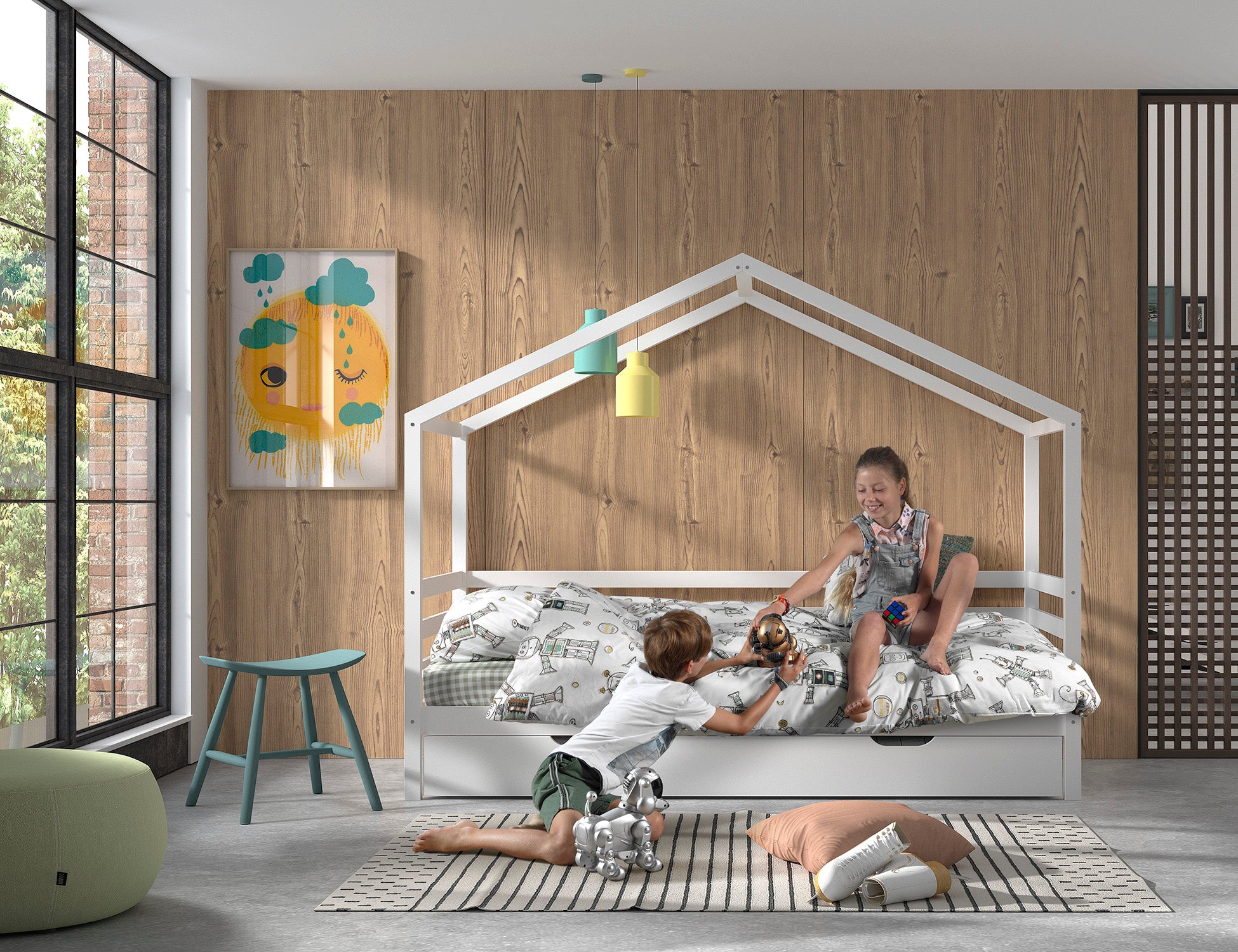 LUCEVI - Huisbed 90x200cm en rolbed - 210x96x170cm - Wit