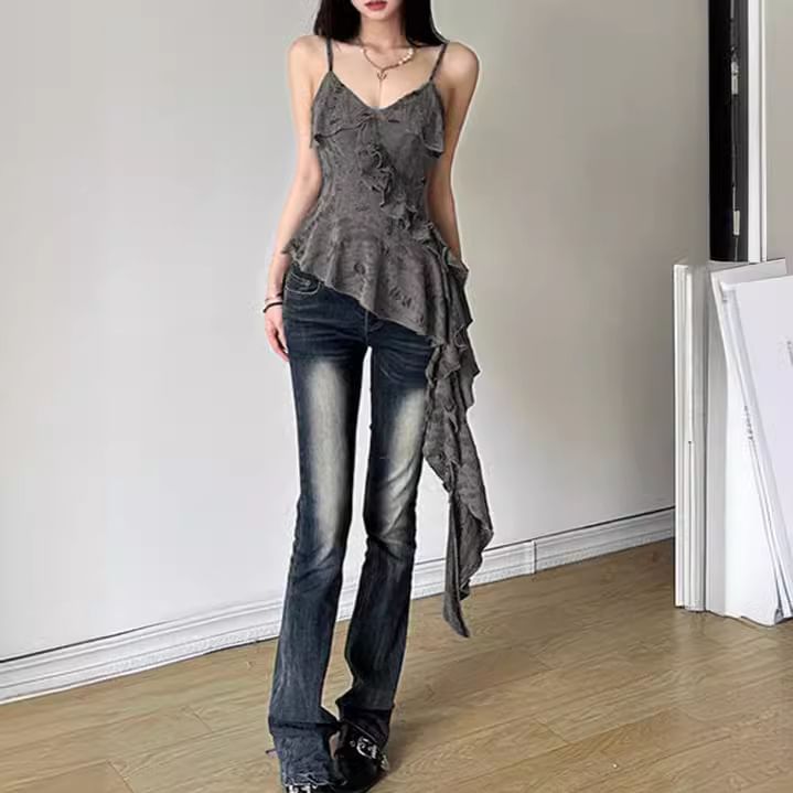 Bolgivy - V-hals, effen, asymmetrisch, geplooid, versleten, slim fit cami-top