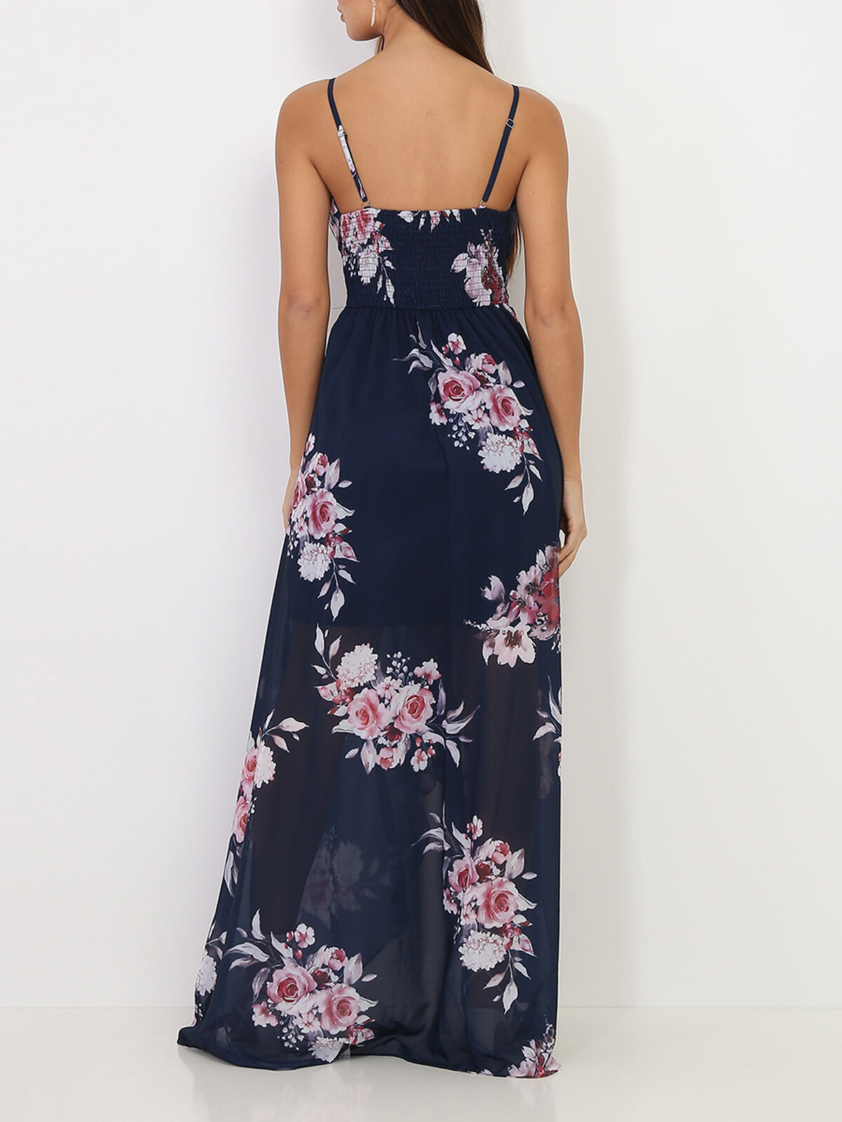 Robe longue fendue à fleurs romantiques- Bleu marine